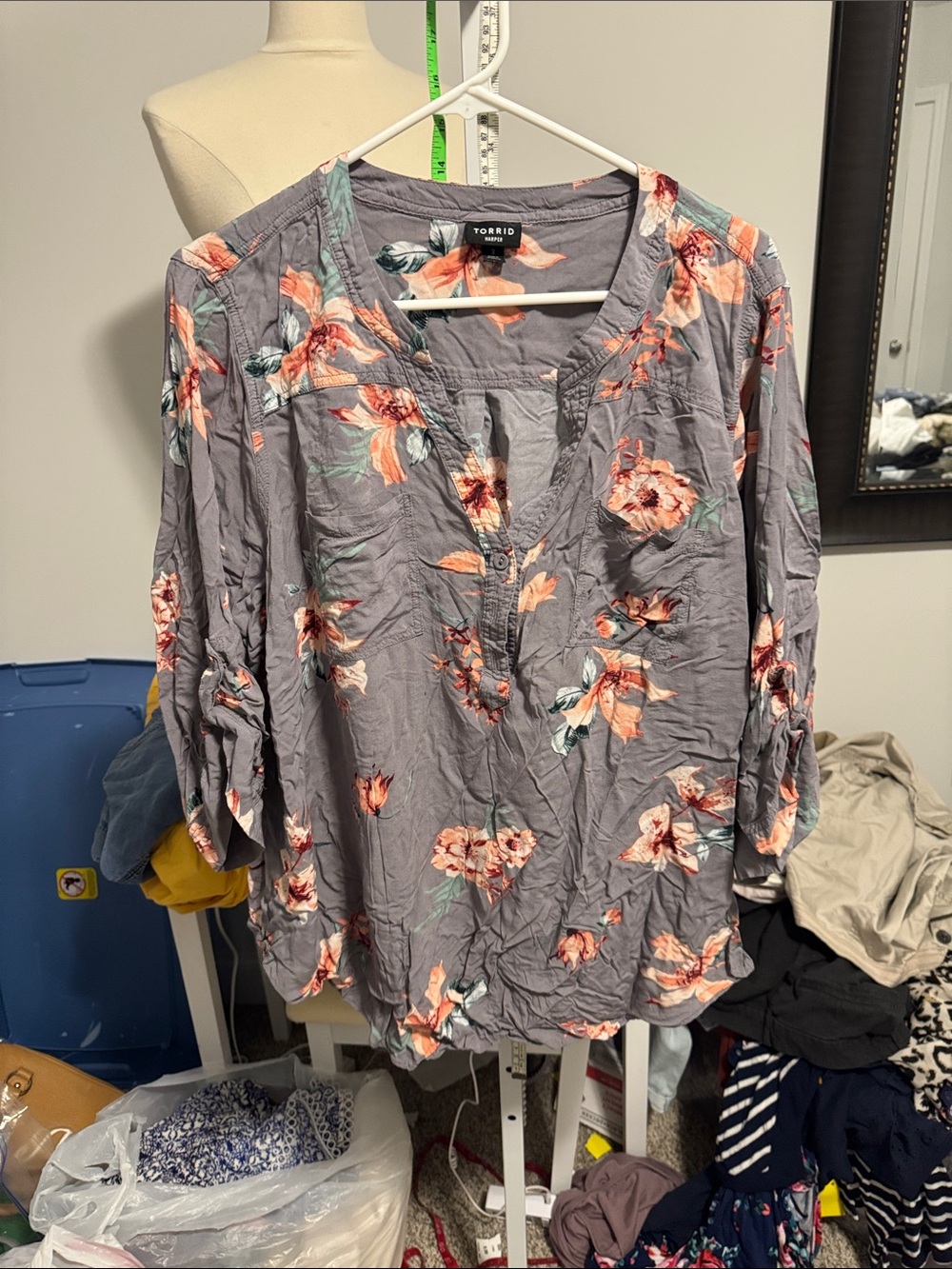 torrid Gray Floral Henley Blouse with Coral Accents